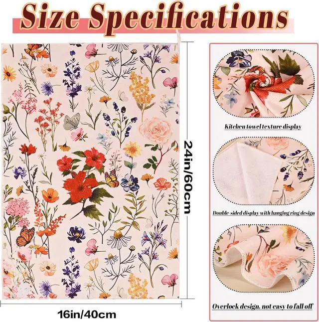Alt view image 2 of 7 - Spring Floral Kitchen Towels Set of 2 16x24 Inch Decorative Farmhouse Dish Towels with Hanging Loop, Vintage Watercolor Flower Tea Towels for Kitchen, Bathroom & Baking