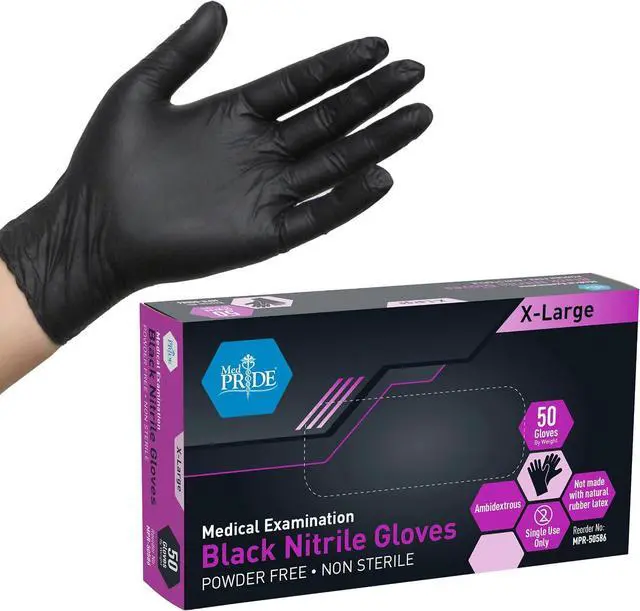 Main image of MED PRIDE Black Nitrile Exam Gloves - 4 Mil Thick Disposable Latex/Powder-Free - For Surgical, Doctors, Hospital & Home Use