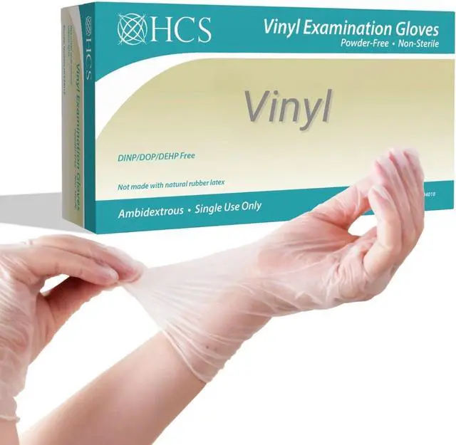 Main image of HCS Vinyl Gloves Disposable Latex-Free, Cooking, Food Prep, Medical | Exam Gloves, Clear, Powder-Free, Beaded Cuff, Cleaning, Kitchen, Food Handling, Baking, Hair Dye, Bathroom