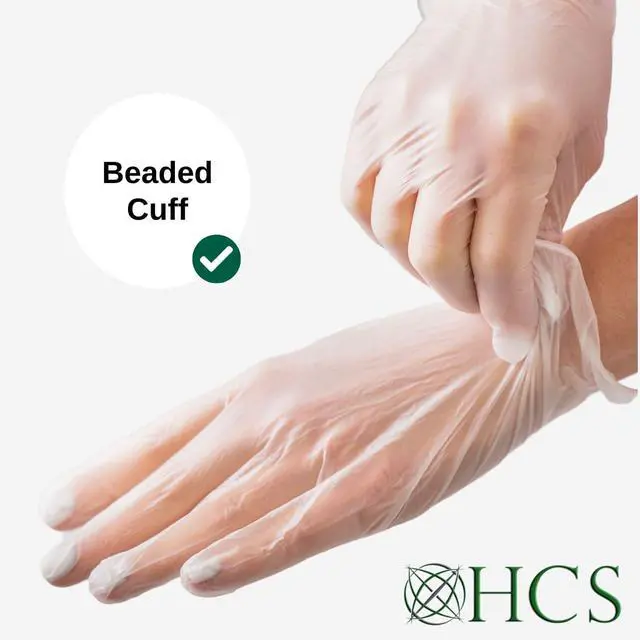 Alt view image 4 of 7 - HCS Vinyl Gloves Disposable Latex-Free, Cooking, Food Prep, Medical | Exam Gloves, Clear, Powder-Free, Beaded Cuff, Cleaning, Kitchen, Food Handling, Baking, Hair Dye, Bathroom