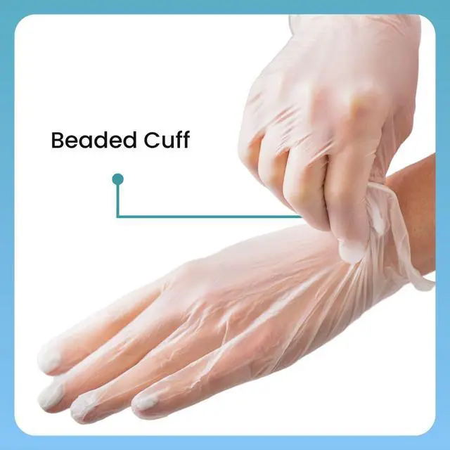 Alt view image 6 of 7 - HCS Vinyl Gloves Disposable Latex-Free, Cooking, Food Prep, Medical | Exam Gloves, Clear, Powder-Free, Beaded Cuff, Cleaning, Kitchen, Food Handling, Baking, Hair Dye, Bathroom