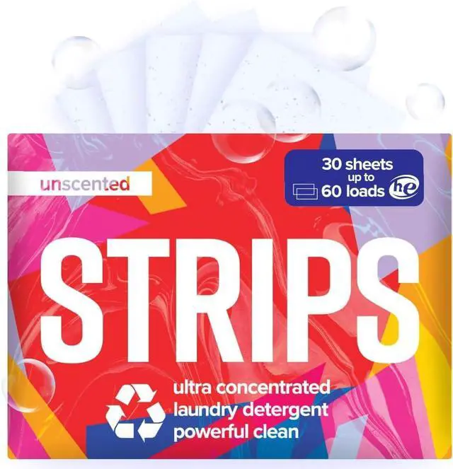 Main image of STRIPS Laundry Detergent Sheets Unscented (30ct, 60 loads) Fragrance Free Eco Liquidless Soap, Travel-Friendly, Dissolves in Hot & Cold, Hypoallergenic, Tackles Tough Stains & Odors