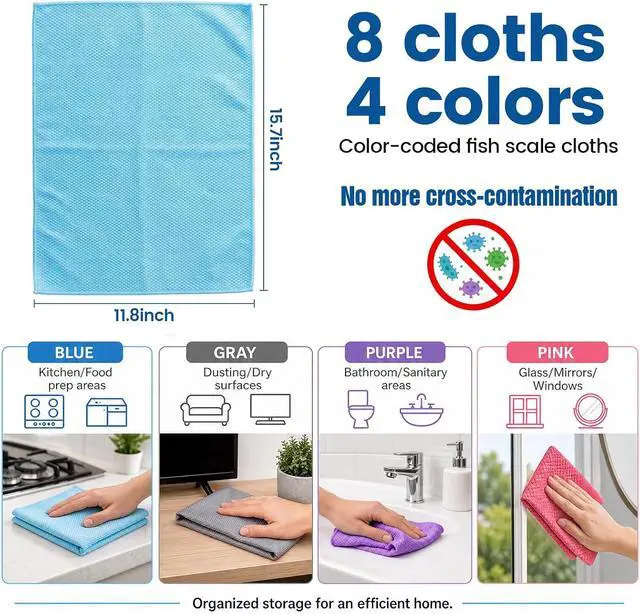 Alt view image 3 of 7 - Niveaya Microfiber Glass Cleaning Cloth, Reusable Fish Scale Cloth 8 Pack | Streak Free Lint Free Cleaning Towels, Quick Drying Polishing Cloth for Window, Kitchen, Shower, Stainless Steel, Auto
