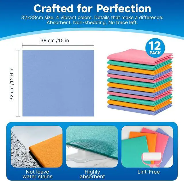 Alt view image 3 of 7 - 12 Pcs Large German Universal Household Towels Dishcloths, Soft Absorbent Cleaning Cloths Reuseable Wipes Rag for Windows Glass Mirror Car,Home Kitchen Pets Polish(Mix-Color)