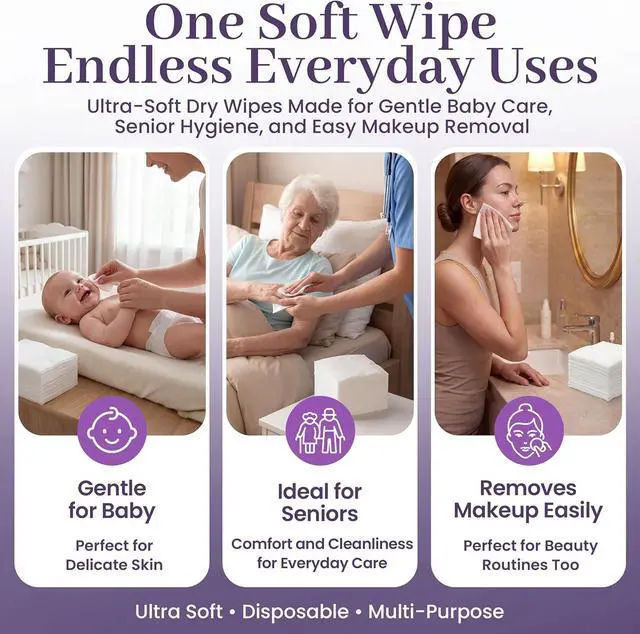 Alt view image 6 of 7 - Disposable Dry Wipes, 100 Pack Ultra Soft Non-Moistened Cleansing Cloths for Adults, Incontinence, Baby Care, Makeup Removal 9.5" x 13.5" - Hospital Grade, Durable by ProHeal