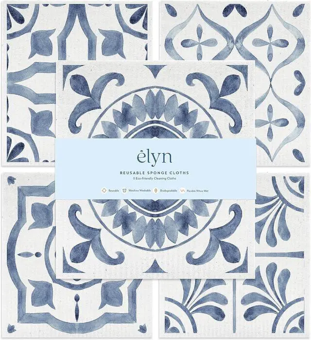 Main image of ELYN Swedish Dishcloths, Reusable & Washable Sponge Cloths, Absorbent Cleaning Paper Towels for Kitchen, Dishes, Counters and More, 5 Pack, Assorted Moroccan Pattern