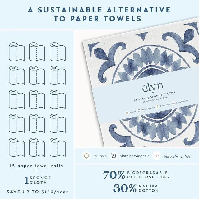 Alt view image 3 of 6 - ELYN Swedish Dishcloths, Reusable & Washable Sponge Cloths, Absorbent Cleaning Paper Towels for Kitchen, Dishes, Counters and More, 5 Pack, Assorted Moroccan Pattern