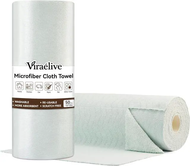 Main image of Viraelive Microfiber Cleaning Cloth Roll, 50 Pack, Green Wave, 12"x12" | Tear-Away Towel Roll, Reusable Paper Towel Alternative, Microfiber Rags for Kitchen, Pet, Dust, Car & Office Cleaning