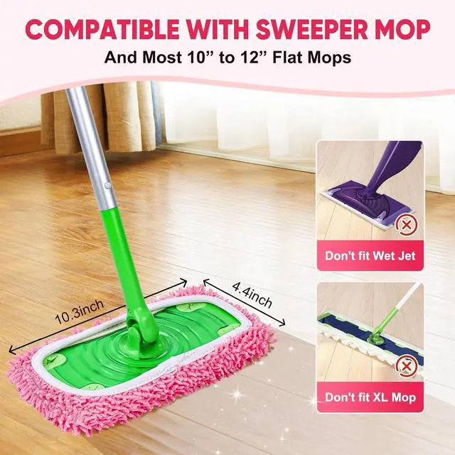 Alt view image 3 of 7 - 6 Pack Reusable Mop Pads Compatible with Swiffer Sweeper, Chenille Mop Refill Pads, Dry & Wet Mopping Cloths for Floor Cleaning -Pink