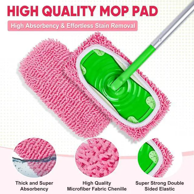 Alt view image 2 of 7 - 6 Pack Reusable Mop Pads Compatible with Swiffer Sweeper, Chenille Mop Refill Pads, Dry & Wet Mopping Cloths for Floor Cleaning -Pink