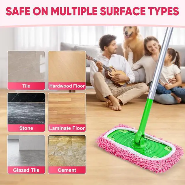 Alt view image 5 of 7 - 6 Pack Reusable Mop Pads Compatible with Swiffer Sweeper, Chenille Mop Refill Pads, Dry & Wet Mopping Cloths for Floor Cleaning -Pink