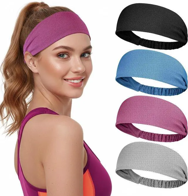 Main image of Awumbuk Cooling Headbands for Women, Non-Slip Instant Cooling Sweatbands for Women, 4-Pack Elastic Sports Head Bands Moisture Wicking for Running, Yoga, Gym Workouts, Football