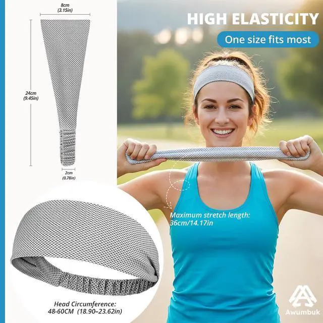 Alt view image 2 of 7 - Awumbuk Cooling Headbands for Women, Non-Slip Instant Cooling Sweatbands for Women, 4-Pack Elastic Sports Head Bands Moisture Wicking for Running, Yoga, Gym Workouts, Football