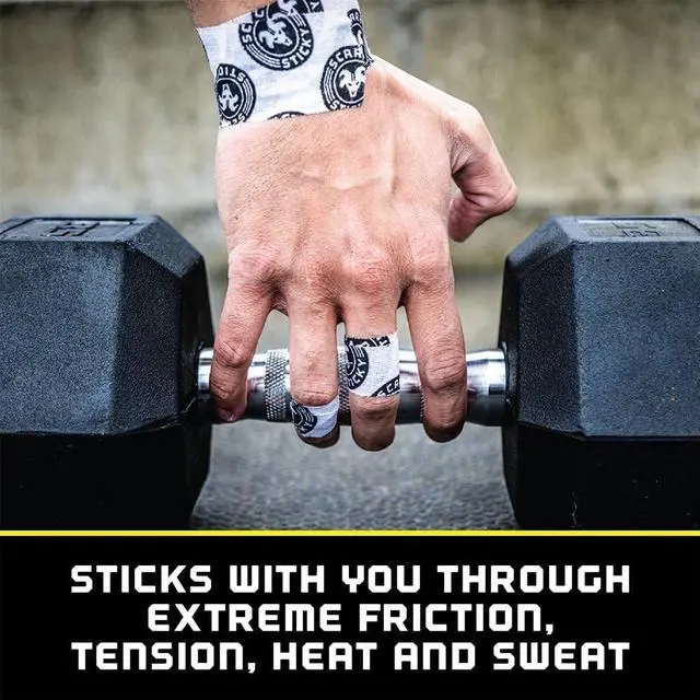 Alt view image 5 of 7 - Scary Sticky Premium Athletic Tape, Ultra-Sticky Thumb, Finger & Wrist Tape for Weightlifting, Hook Grip & Cross Workout, Cotton, Latex-Free, 10 Yards, White & Black, 1 Roll