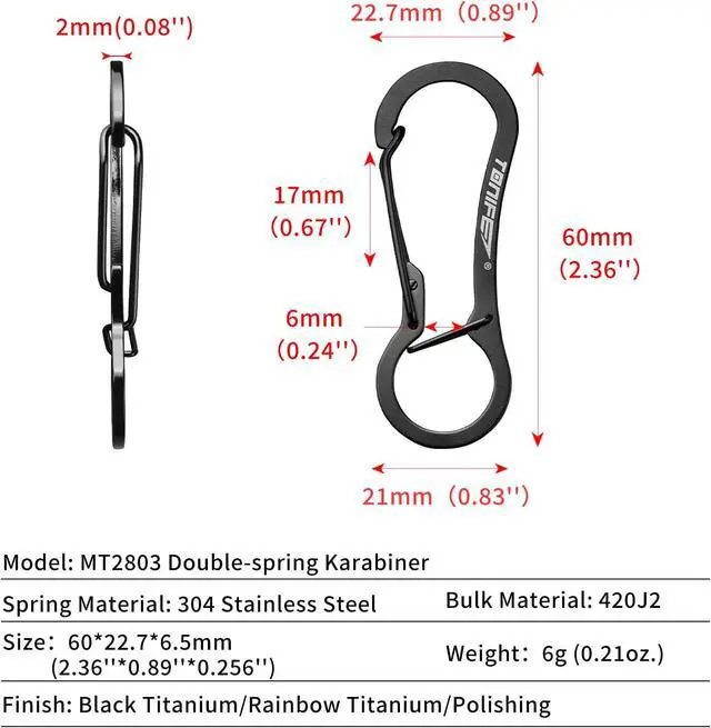 Alt view image 2 of 6 - TONIFE Carabiner Clip 2-Pack, Stainless Steel Carabiner Keychain, Spring Snap Hook for Dog Leash and Key Ring