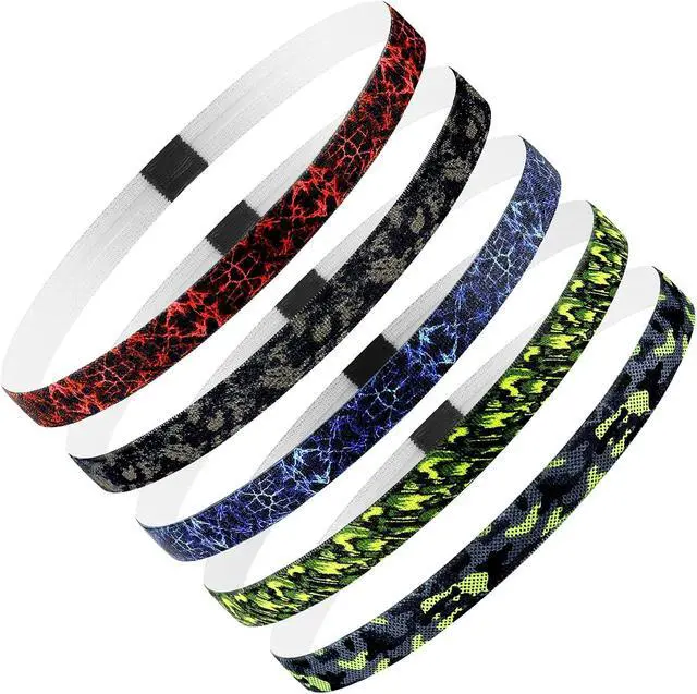 Main image of Thin Sports Headbands for Women, Men & Kids - 5 Pack Elastic Skinny Sweatbands, No-Slip Soft Hair Bands for Running, Workout, Yoga, Tennis, Basketball, Soccer, Football - Colorful