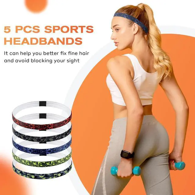 Alt view image 2 of 7 - Thin Sports Headbands for Women, Men & Kids - 5 Pack Elastic Skinny Sweatbands, No-Slip Soft Hair Bands for Running, Workout, Yoga, Tennis, Basketball, Soccer, Football - Colorful