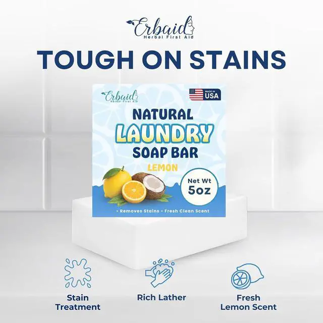 Alt view image 2 of 7 - Laundry Soap Bar Natural Stain Remover for Clothes, Non Toxic Detergent | Laundry Bar Soap for Hand Washing, Delicates & Baby Clothes Lemon & Lemongrass Scent Plastic Free & Zero Waste, 5 oz