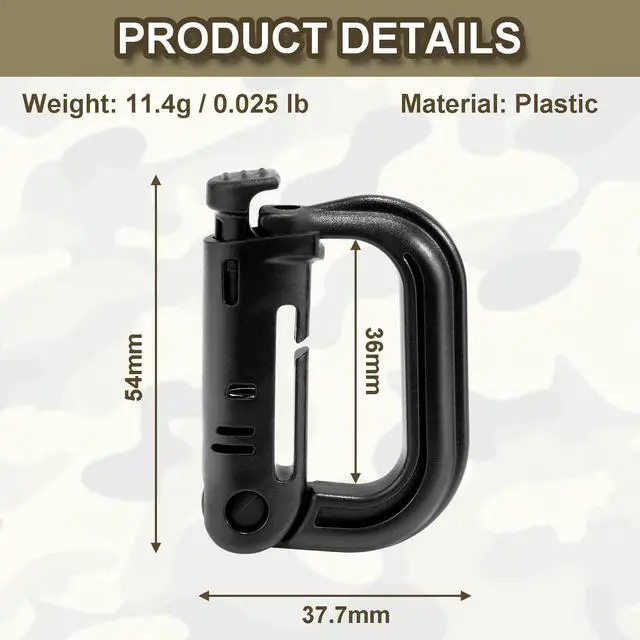 Alt view image 2 of 6 - 6 Pack 2.12 Tactical Locking D Ring Plastic Carabiner Backapck Molle Hook Clip for Webbing Straps Bag