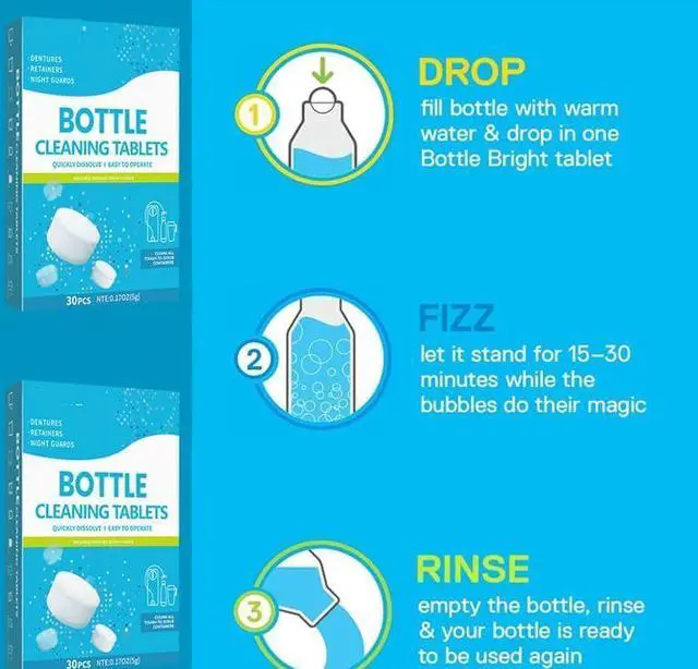 Alt view image 6 of 7 - 30 Pack Water Bottle Cleaning Tablets,Removing Limescale and Tea Stains | Water Bottle Cleaner,For Water Bottle,Coffee Pot,Glass,Tumbler,Stainless,Also Can Clean Dentures