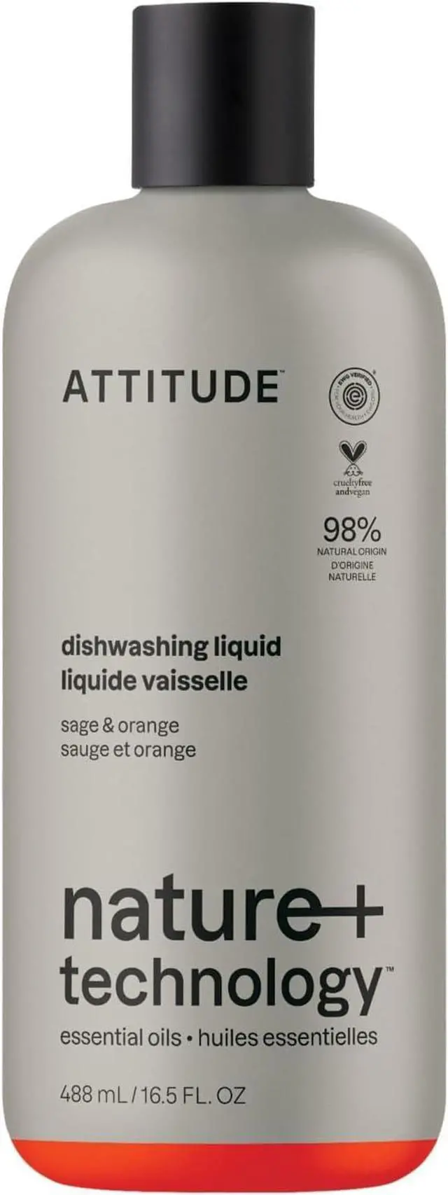 Main image of ATTITUDE Dish Soap, Infused with Essential Oils, Plant-Based Ingredients, EWG Verified, Great for Clean and Sparkling Dishes, Vegan Dishwashing Liquid, Orange & Sage, 488 mL