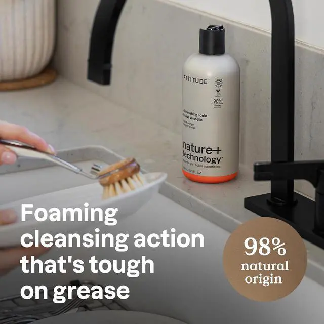 Alt view image 2 of 7 - ATTITUDE Dish Soap, Infused with Essential Oils, Plant-Based Ingredients, EWG Verified, Great for Clean and Sparkling Dishes, Vegan Dishwashing Liquid, Orange & Sage, 488 mL