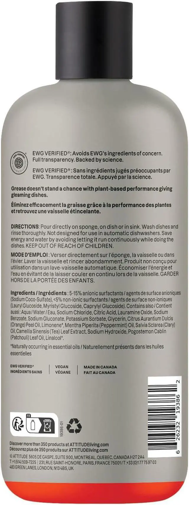 Alt view image 7 of 7 - ATTITUDE Dish Soap, Infused with Essential Oils, Plant-Based Ingredients, EWG Verified, Great for Clean and Sparkling Dishes, Vegan Dishwashing Liquid, Orange & Sage, 488 mL