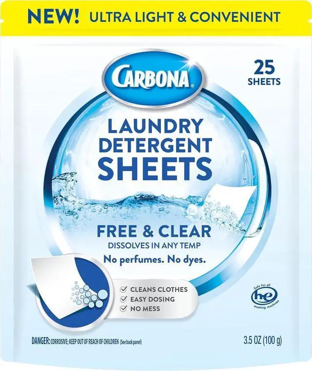Main image of Carbona Laundry Detergent Sheets | Eco-Friendly Washing Detergent | Up to 50 Loads (25 Sheets) | Stain Remover | No Perfume or Dyes | Free & Clear