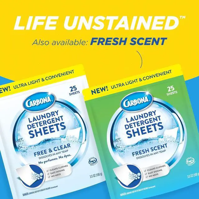 Alt view image 5 of 6 - Carbona Laundry Detergent Sheets | Eco-Friendly Washing Detergent | Up to 50 Loads (25 Sheets) | Stain Remover | No Perfume or Dyes | Free & Clear