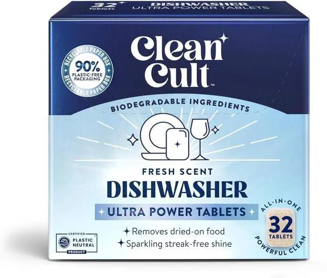 Main image of Cleancult Ultra Power Dishwasher Detergent Pods for Sparkling Streak-Free Shine, All-In-One, No Plastic Waste, 32 Count