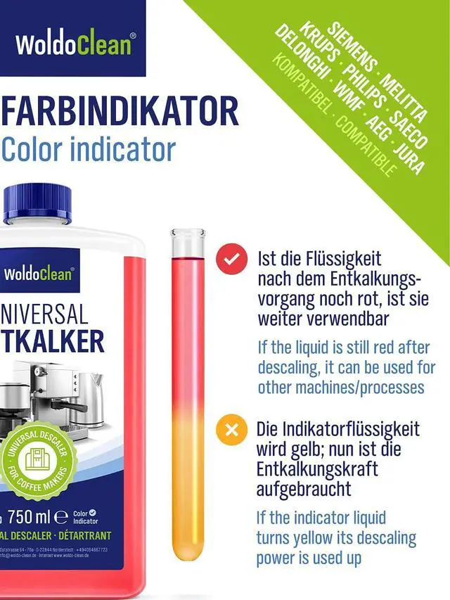 Alt view image 2 of 7 - WoldoClean Descaling Solution for Coffee & Espresso Machines 25.6 Fl Oz - compatible with Keurig, Nespresso, Breville, Ninja, Nespresso, Delonghi, Reusable Formula with Color Indicator