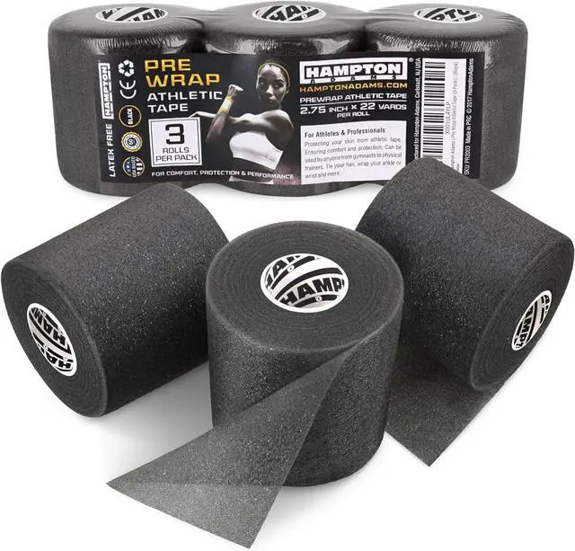 Main image of Hampton Adams Pre Wrap Athletic Tape, Non Slip Grip, No Fray Underwrap | Foam underwrap for skin protection, Ankle, wrist & knee, Tape grip base layer, Hair tie for sports 2.75 in x 22 yd rolls