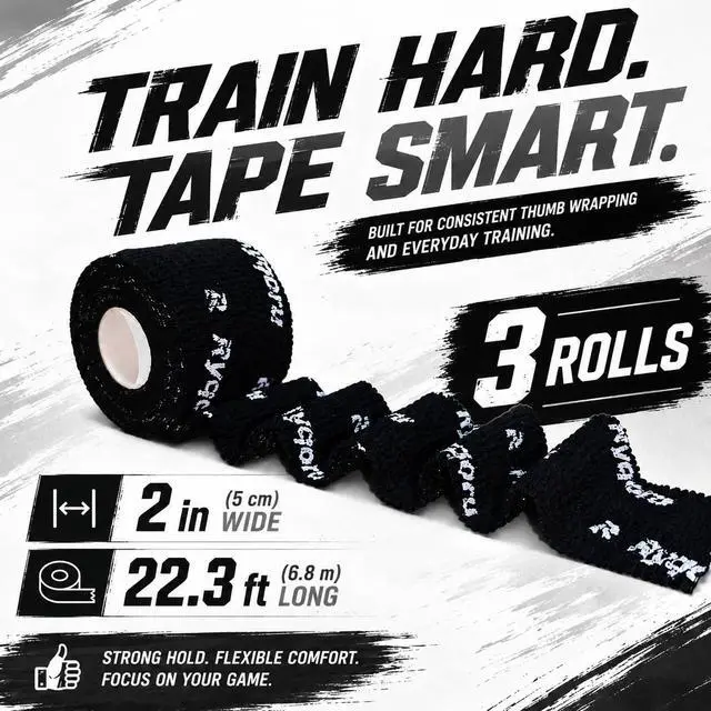 Alt view image 2 of 7 - Weightlifting Thumb Tape, 3 Rolls, 2 in x 22.3 ft Hook Grip Tape | Black self-adhesive finger wrap, flexible athletic fabric, lifting, powerlifting, deadlifts, gym workouts, cross training