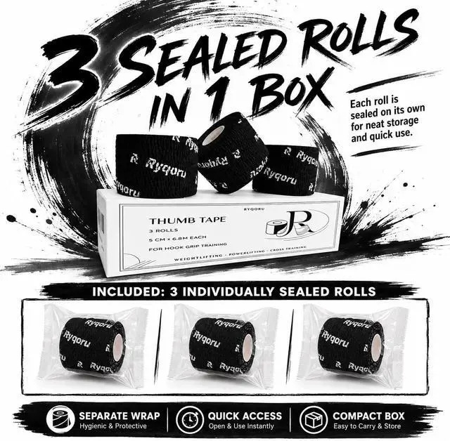 Alt view image 4 of 7 - Weightlifting Thumb Tape, 3 Rolls, 2 in x 22.3 ft Hook Grip Tape | Black self-adhesive finger wrap, flexible athletic fabric, lifting, powerlifting, deadlifts, gym workouts, cross training