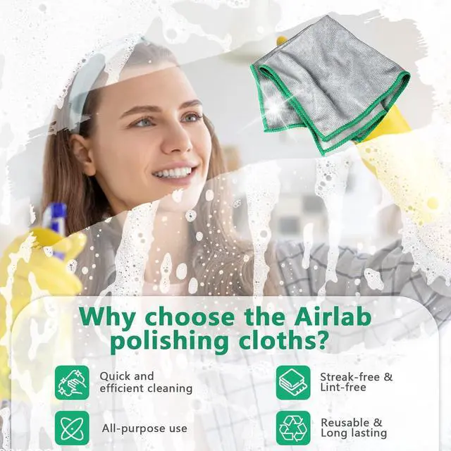 Alt view image 3 of 7 - Airlab Glass Polishing Streak Free Miracle Cleaning Cloth, Sliver-Green | Lint Free Microfiber Cleaning Rags for Glasses Kitchen Dish Mirrors Easy Clean, 12 x 12 Inches, Pack of 6