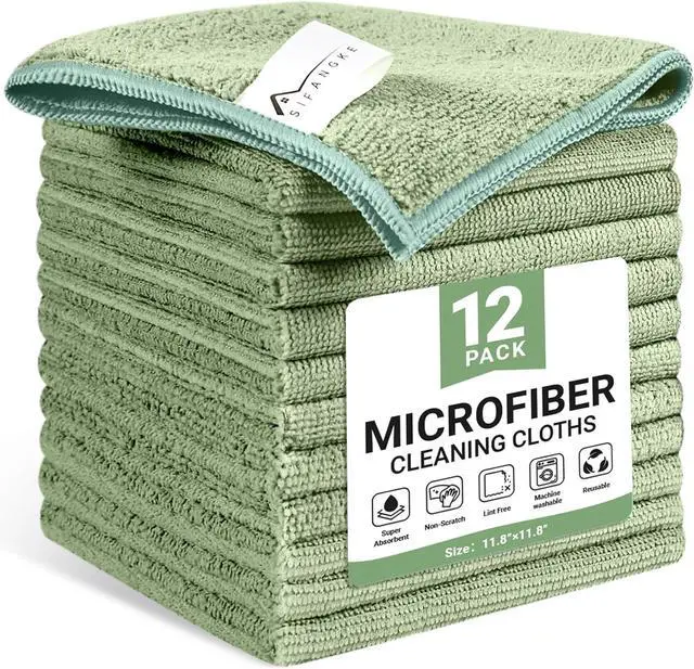 Main image of SIFANGKE Microfiber Cleaning Cloth, 12 Pack Green Cleaning Rags for Housekeeping, Reusable Microfiber Towels for Car, Kitchen, Bathroom and Household Cleaning Supplies, 11.8"X11.8"