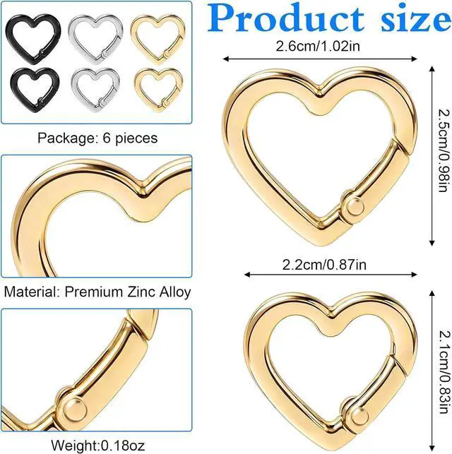 Alt view image 2 of 7 - Tyqour 6 Pcs Heart Carabiner, Small Carabiner Keychain Clip, Cute Heart Shaped Carabiner, Key Ring for Camping Accessories, Backpack Water Bottle Zinc Alloy Accessory (Gold, Silver, Black)