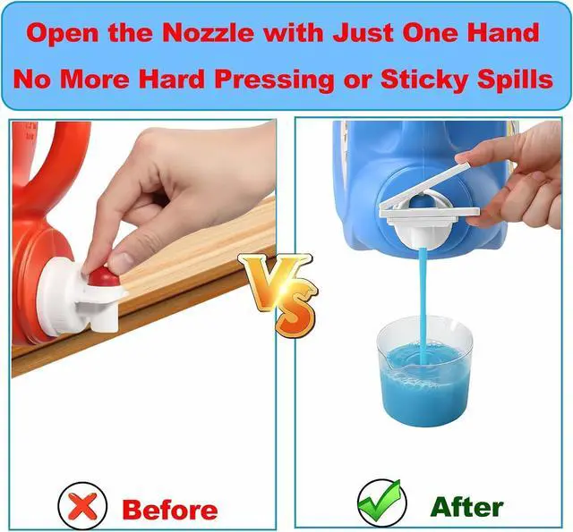 Alt view image 2 of 6 - 2 Pack Laundry Detergent dispenser Nozzle Switch Holder Easy-Press Spout Opener, Drip-Free Detergent & Softener Accessory, Fits Most Large Bottles, laundry room organization