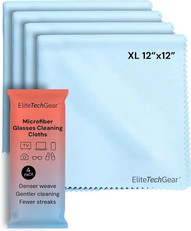 Main image of Elite Tech Gear Microfiber Cleaning Cloths for Glasses & Screens, 4-Pack | Blue - Large 12"x12" - Streak-free - Safe for Delicate Lenses - Washable - Clean Glasses, TVs, Phones, DSLR and Coated Lenses