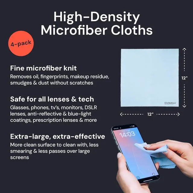Alt view image 2 of 7 - Elite Tech Gear Microfiber Cleaning Cloths for Glasses & Screens, 4-Pack | Blue - Large 12"x12" - Streak-free - Safe for Delicate Lenses - Washable - Clean Glasses, TVs, Phones, DSLR and Coated Lenses