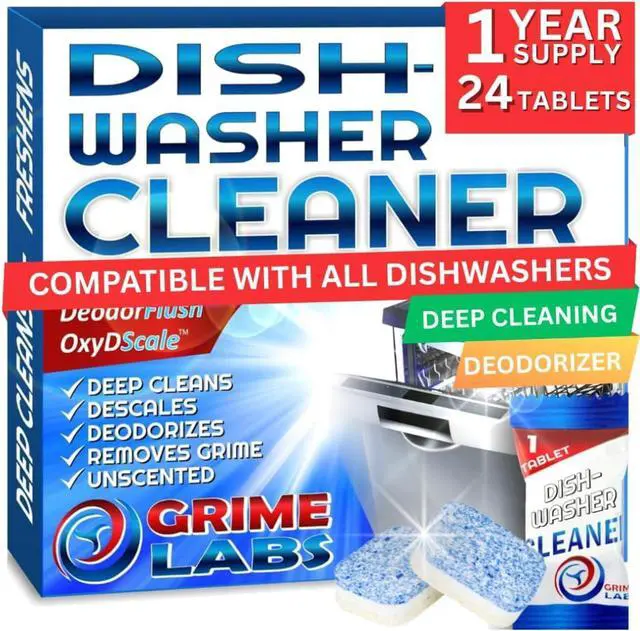Main image of Dishwasher Cleaner Deodorizer Descaler Tablets, 24 pack Heavy Duty Deep Clean and Natural Limescale Remover, Dish Washer Cleaner Machine Pods, 12 Months Supply