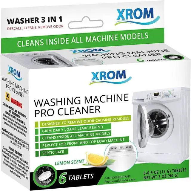 Main image of XROM Plant Based, Washer Cleaner And Descaler, Removes Odors, Limescale & Detergent Build-Up, Removes Hard Water Stains, For Front and Top Load, 6 Per Pack (Lemon)