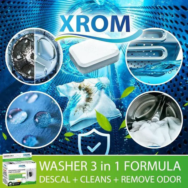 Alt view image 3 of 6 - XROM Plant Based, Washer Cleaner And Descaler, Removes Odors, Limescale & Detergent Build-Up, Removes Hard Water Stains, For Front and Top Load, 6 Per Pack (Lemon)