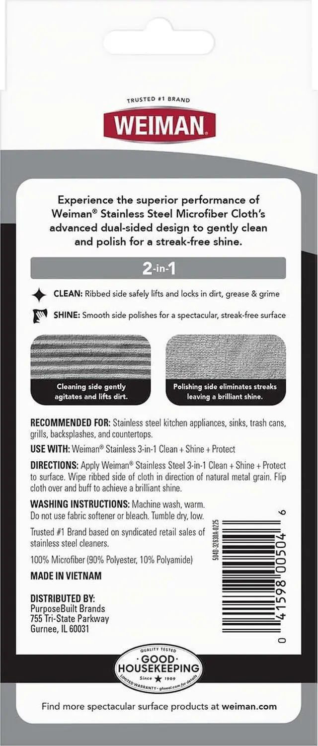 Alt view image 2 of 7 - Weiman Microfiber Cloth for Stainless Steel - Safely Traps and Removes Dirt, Oil and Grime to Protect From Scratches 1.40" x 3.56"