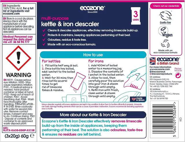 Alt view image 3 of 7 - Ecozone Kettle & Iron Descaler (3x20g)