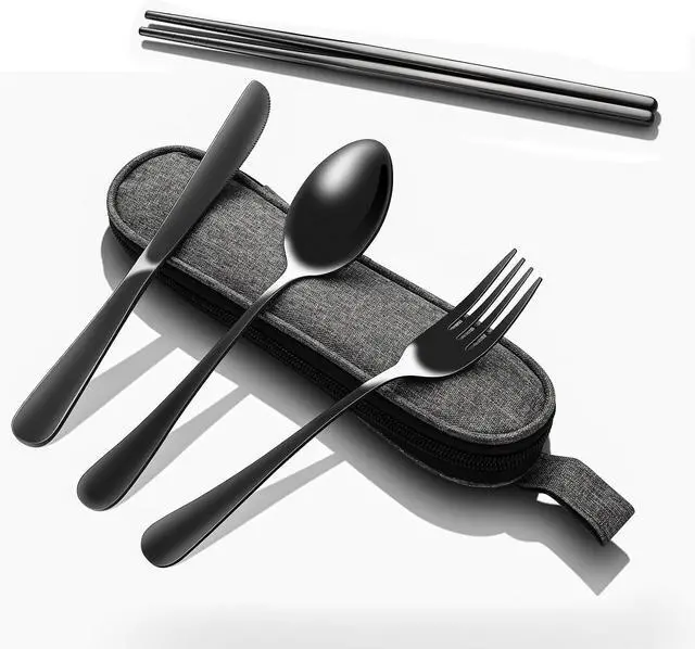 Main image of Matte Black 5-Piece Stainless Steel Travel Utensil Set with Waterproof Case, Reusable Portable Flatware Includes Knife, Fork, Spoon, Chopsticks for Camping, Office, Picnic & Daily Use