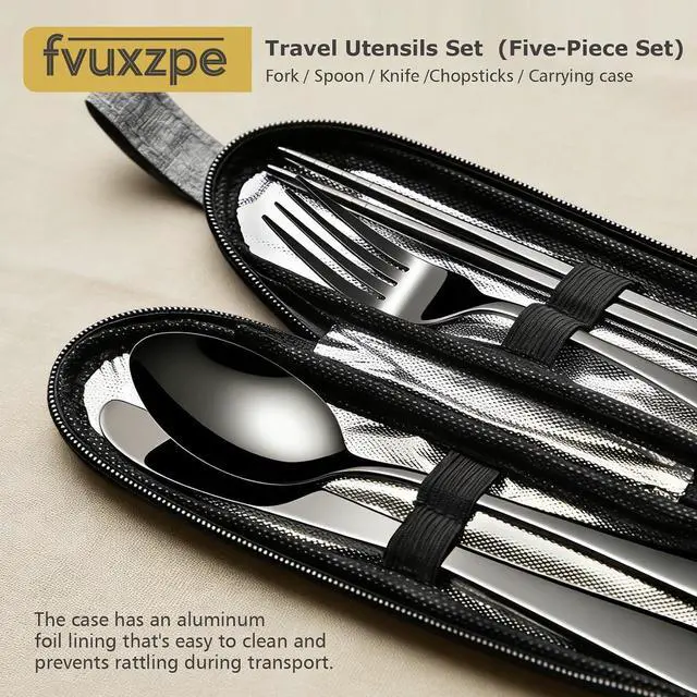 Alt view image 2 of 6 - Matte Black 5-Piece Stainless Steel Travel Utensil Set with Waterproof Case, Reusable Portable Flatware Includes Knife, Fork, Spoon, Chopsticks for Camping, Office, Picnic & Daily Use