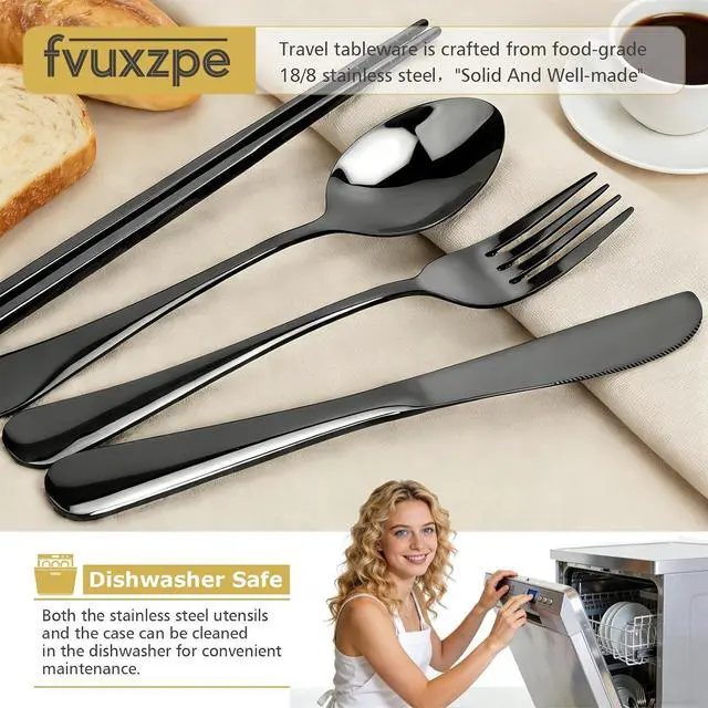 Alt view image 3 of 6 - Matte Black 5-Piece Stainless Steel Travel Utensil Set with Waterproof Case, Reusable Portable Flatware Includes Knife, Fork, Spoon, Chopsticks for Camping, Office, Picnic & Daily Use