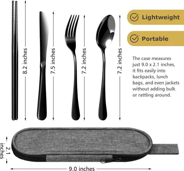 Alt view image 4 of 6 - Matte Black 5-Piece Stainless Steel Travel Utensil Set with Waterproof Case, Reusable Portable Flatware Includes Knife, Fork, Spoon, Chopsticks for Camping, Office, Picnic & Daily Use