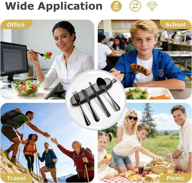 Alt view image 6 of 6 - Matte Black 5-Piece Stainless Steel Travel Utensil Set with Waterproof Case, Reusable Portable Flatware Includes Knife, Fork, Spoon, Chopsticks for Camping, Office, Picnic & Daily Use